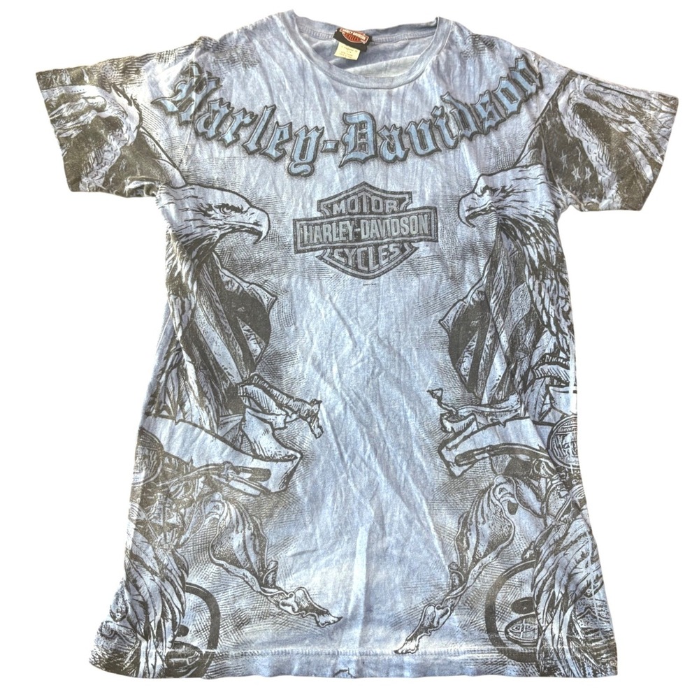 Harley Davidson Y2K AOP T-Shirt Mens S Blue Brighton MI Eagle Graphic Tee Y2K